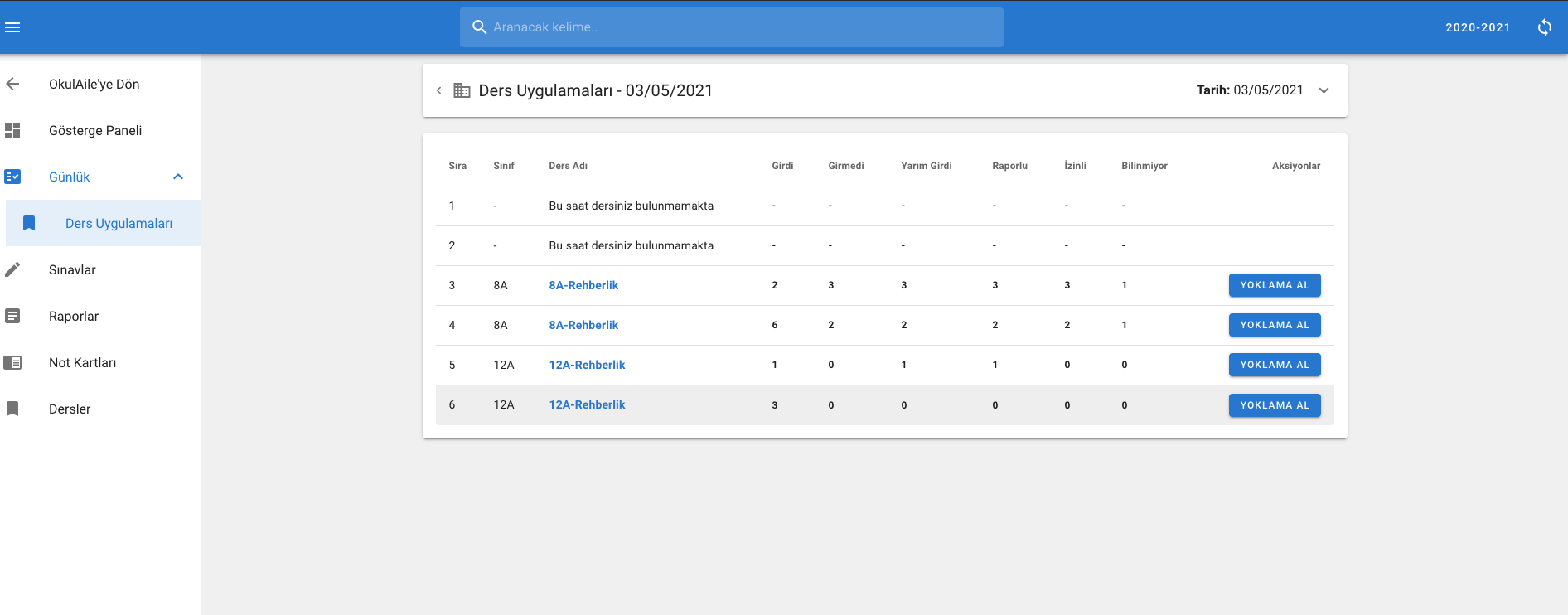 OkulAile Öğretmen Yoklama Al Ekranı